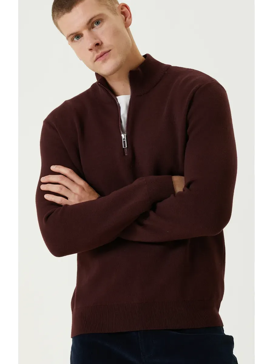 SANTIAGO - PULL ZIPPE ROUGE BORDEAUX